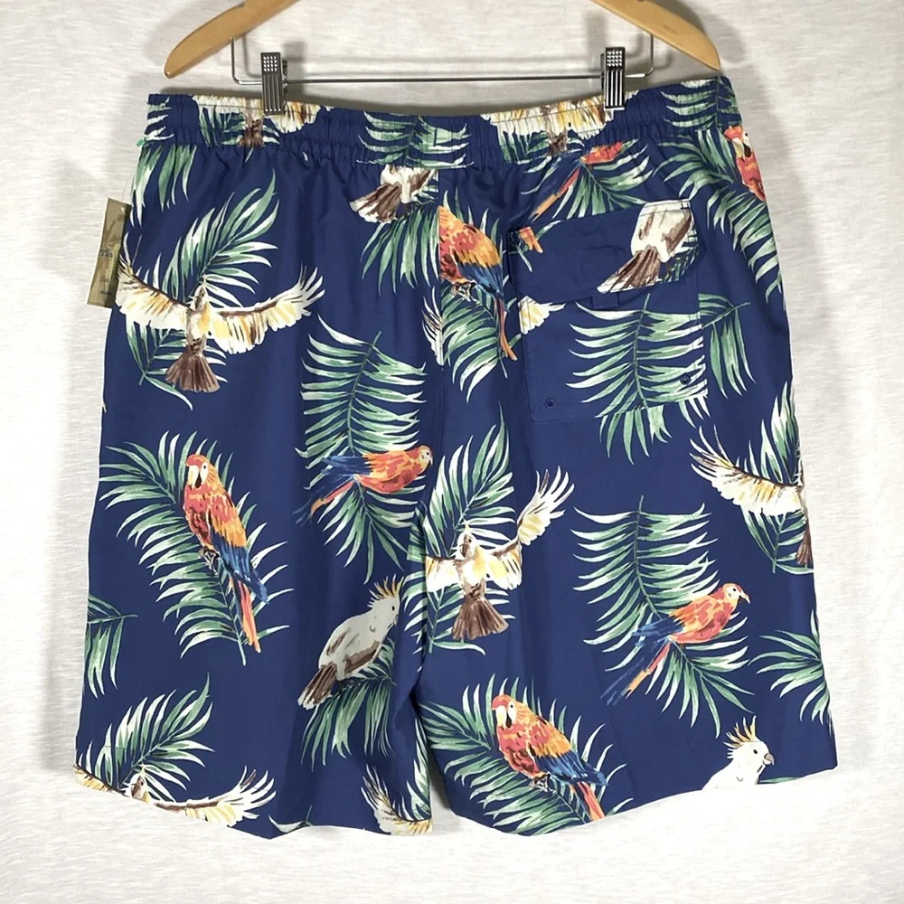 Caribbean Swim Trunks Mens 1XB Blue Tropical‎ Parrot Print Beach Cruise Pool NWT